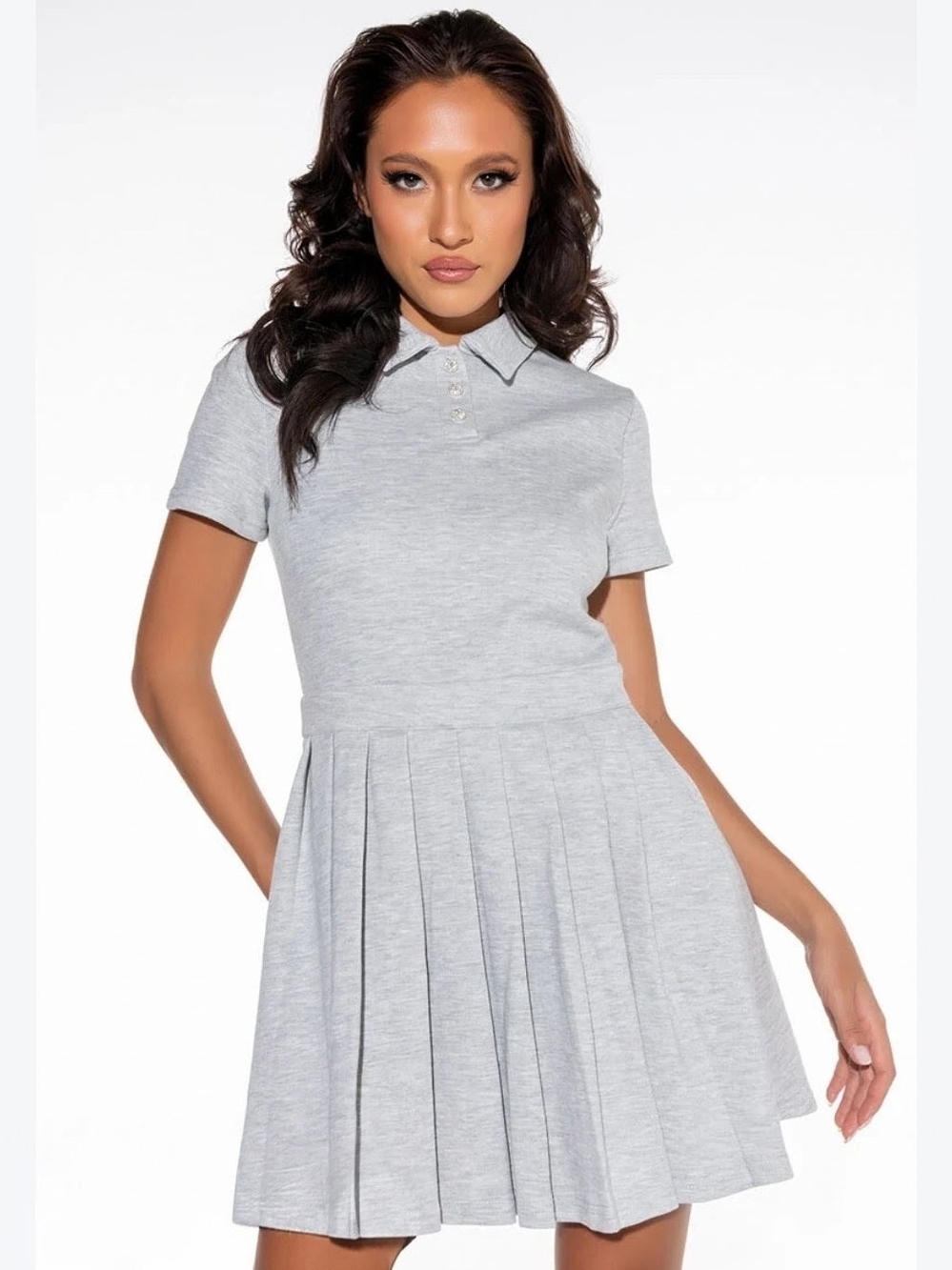 Polo Collar Pleated Mini Dress — Light Gray